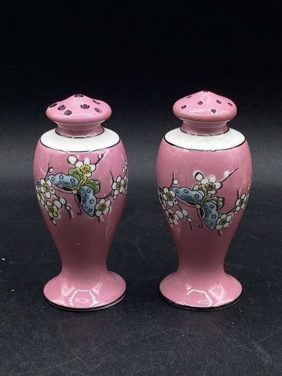 Unbranded Other - Salt & Pepper Shakers Japan Butterfly Pink Art Nouveau Cherry Blossom Porcelain